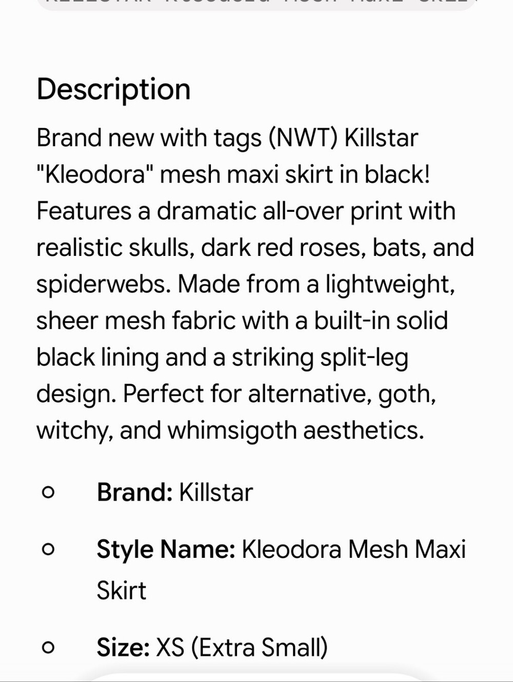 NWT Killstar Kleodora Gothic Black Sheer Skull & Rose Maxi Skirt, XS - Picture 13 of 15